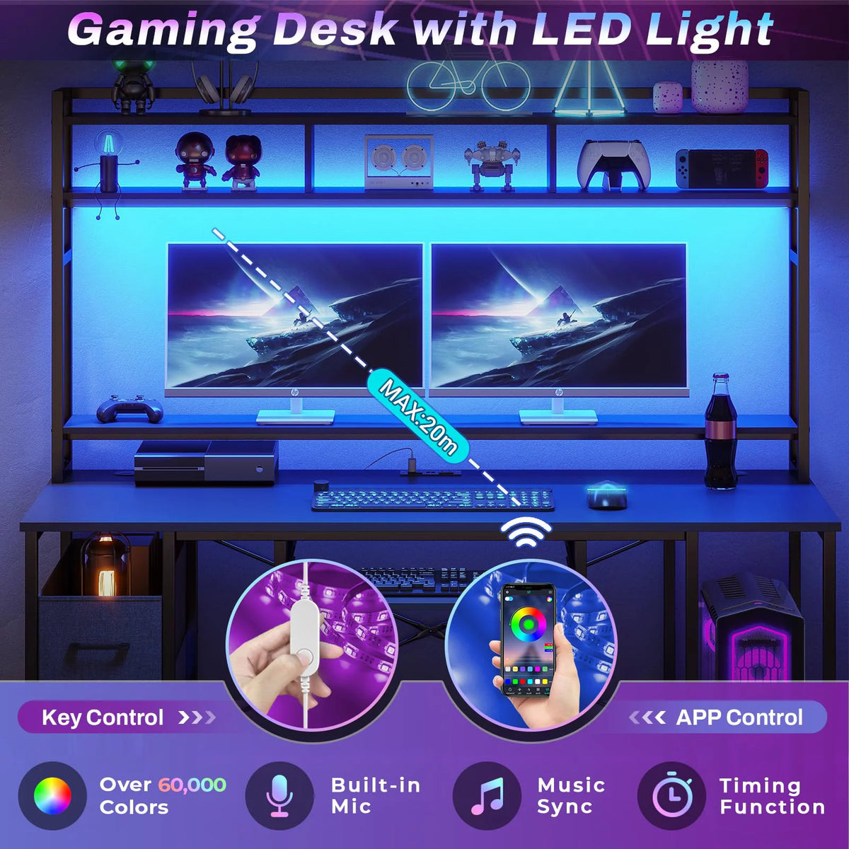 55" Black Wood Computer Desk with LED Lights O209