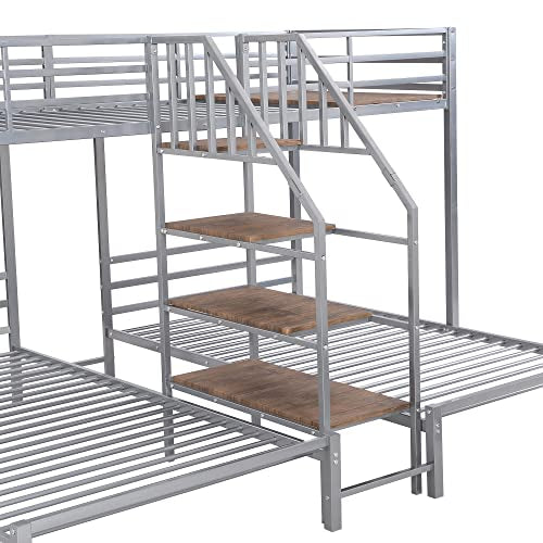 Full-Over-Twin-Twin Solid Wood Triple Bunk Bed with Wardrobe and Mirror (Grey) G25117