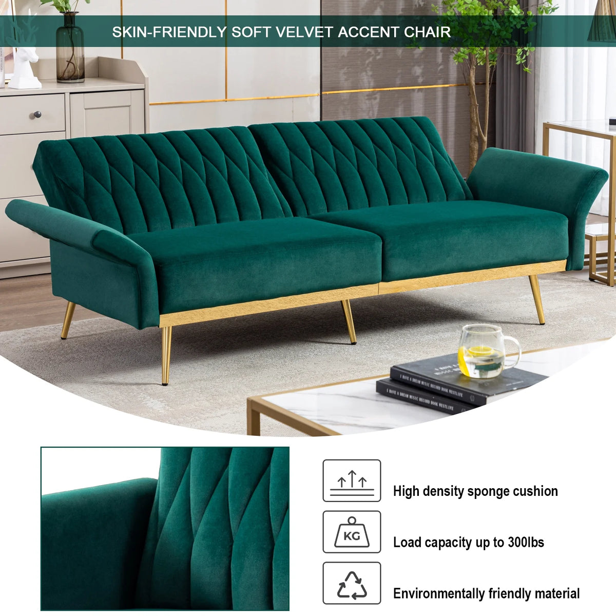 Green Velvet Convertible Futon Sofa Bed X576860