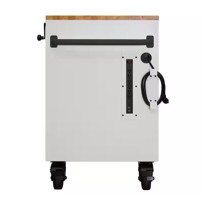 72 in. Heavy Duty Matte White Mobile Workbench Cabinet with Wood Top B472388