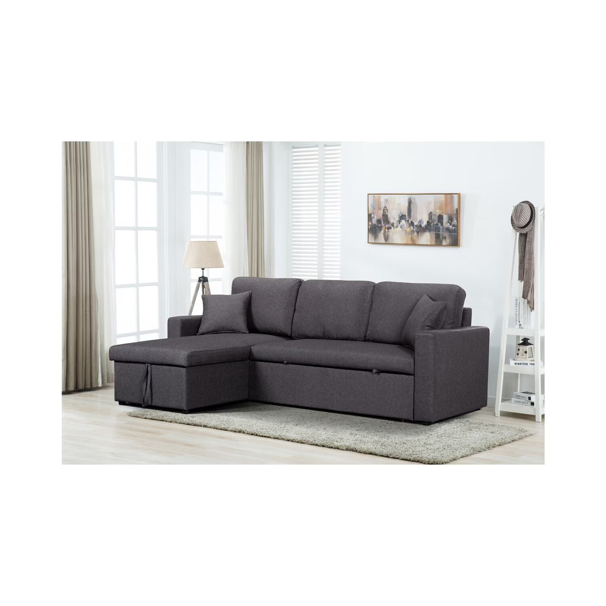 Antique Appeal Linen Fabric Reversible Sleeper Sectional Sofa With Storage Chaise R67099