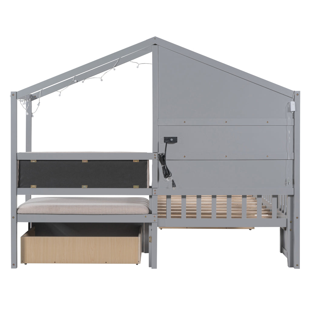 Twin Size House Bed with Upholstered Sofa, Charging Station, Shelves and Two Drawers, Gray Y778429