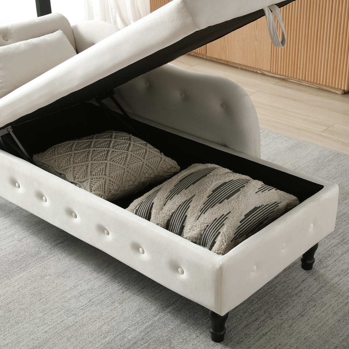 Beige Velvet Storage Chaise Lounge with 1 Pillow T2141