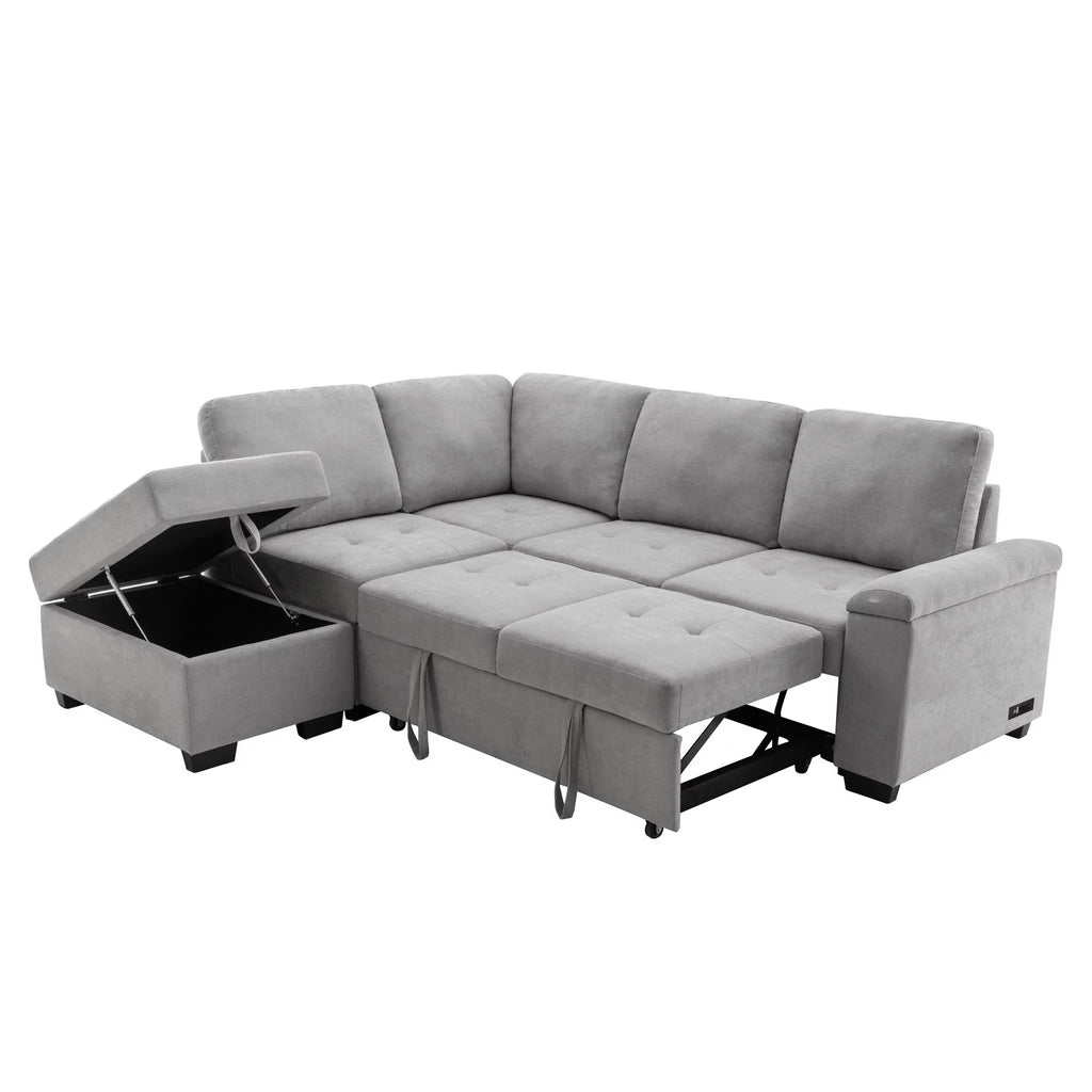 Gray L-Shape Sleeper Sectional Sofa with Storage Ottoman H587661