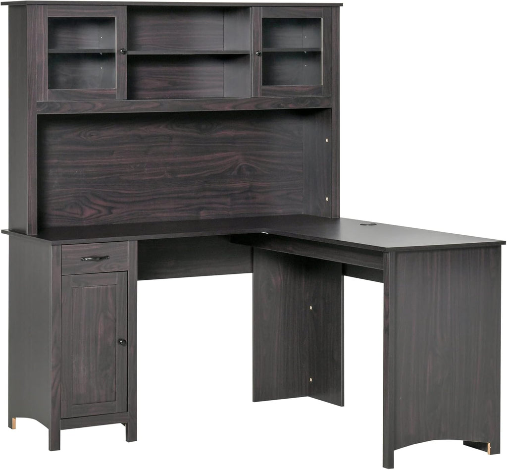 White L-Shaped Desk with Hutch and Drawers E153995