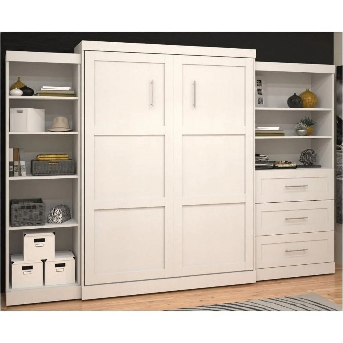 White Wood Queen Storage Wall Bed I599