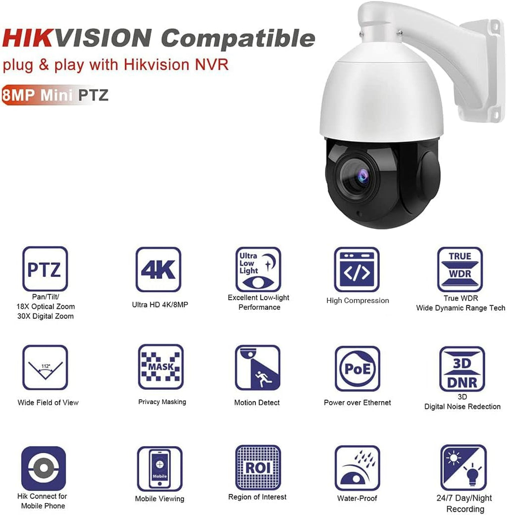 8MP PTZ PoE IP Camera 18x Optical Zoom 165ft IR Night Vision IP66 U12586
