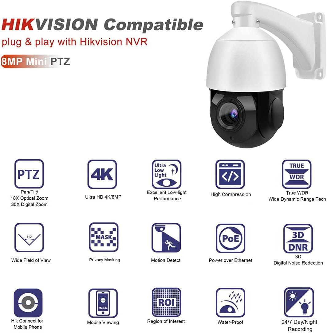 8MP PTZ PoE IP Camera 18x Optical Zoom 165ft IR Night Vision IP66 U12586