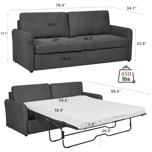 86.6" Queen Sleeper Sofa with Pullout Bed in Dark Grey X527375