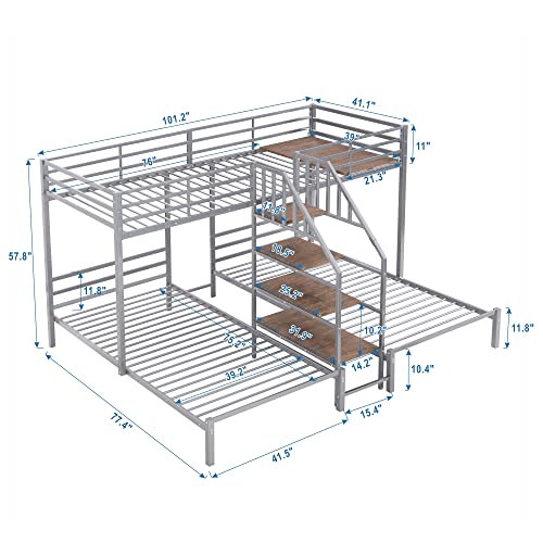 Full-Over-Twin-Twin Solid Wood Triple Bunk Bed with Wardrobe and Mirror (Grey) G25117