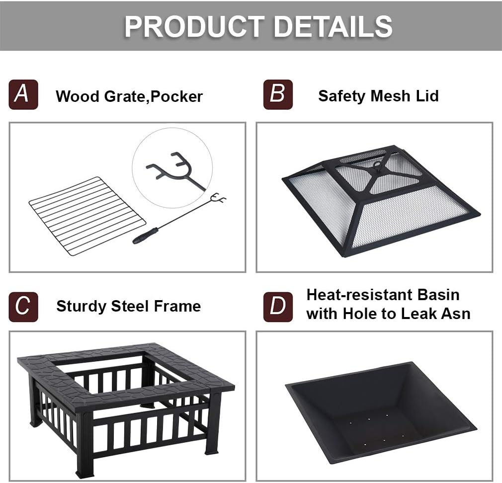 32'' Black Metal Square Wood Burning Fire Pit D746