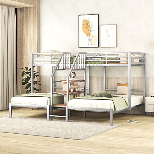 Full-Over-Twin-Twin Solid Wood Triple Bunk Bed with Wardrobe and Mirror (Grey) G25117