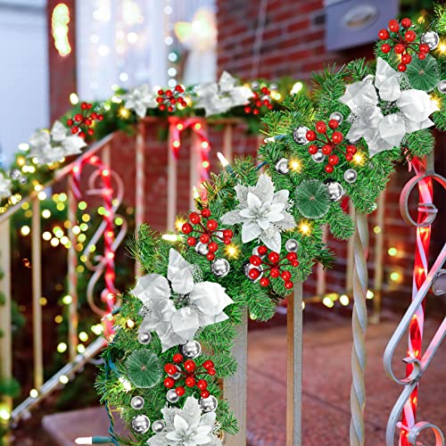 9Ft Pre-lit Christmas Garland with LED Lights Battery Operated, Decorated with Red Flower, Balls, Berries, Snowy Pine X710