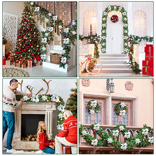 9Ft Pre-lit Christmas Garland with LED Lights Battery Operated, Decorated with Red Flower, Balls, Berries, Snowy Pine X710