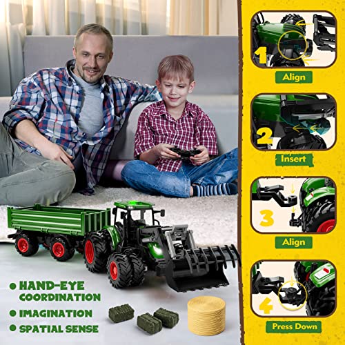 Remote Control Tractor Toy, Kids RC Tractor Set, Truck and Trailer Front Loader, Metal Car Head, 8 Wheel, Light Q938474