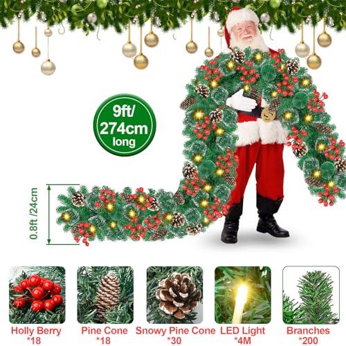 9Ft Pre-lit Christmas Garland with LED Lights Battery Operated, Decorated with Red Flower, Balls, Berries, Snowy Pine X710