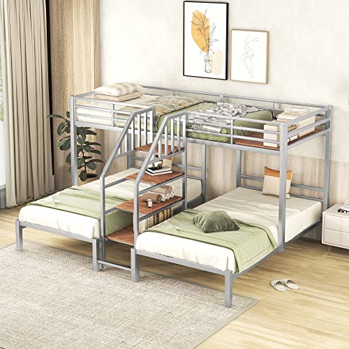 Full-Over-Twin-Twin Solid Wood Triple Bunk Bed with Wardrobe and Mirror (Grey) G25117