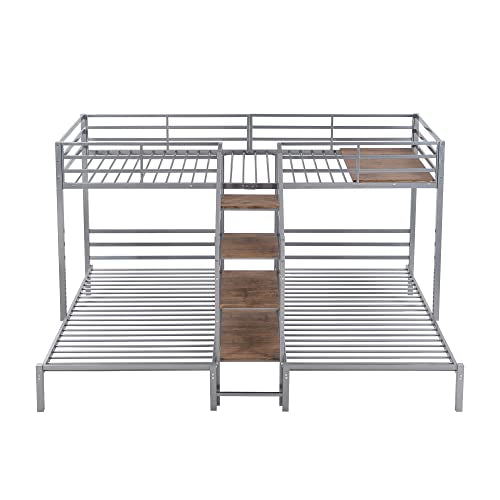 Full-Over-Twin-Twin Solid Wood Triple Bunk Bed with Wardrobe and Mirror (Grey) G25117