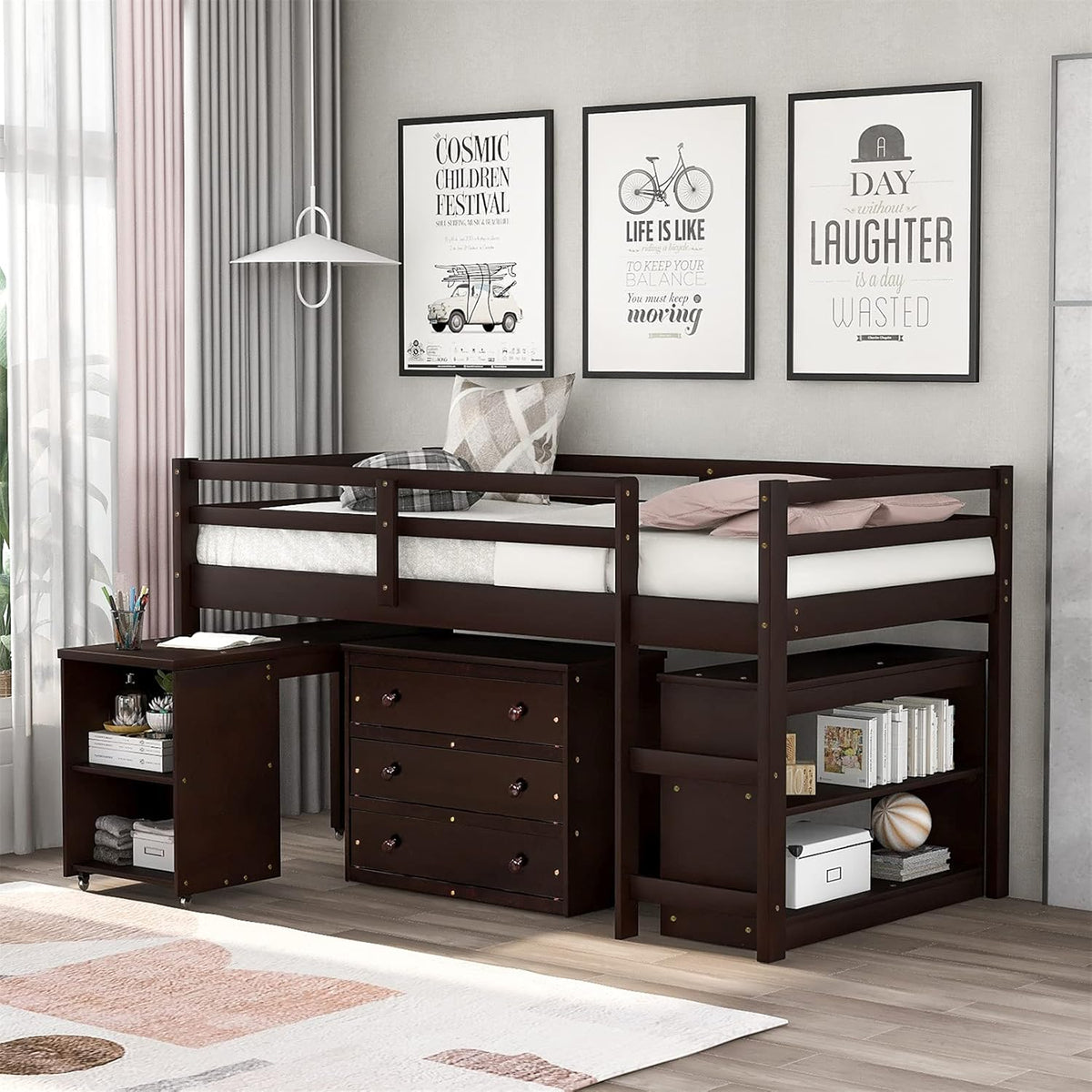 White Wood Twin Loft Bed with Storage Drawers A145