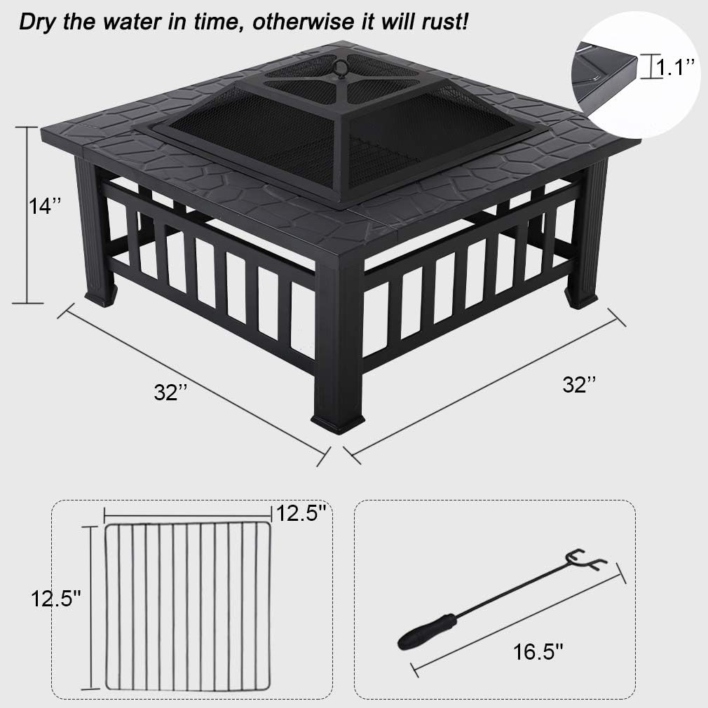 32'' Black Metal Square Wood Burning Fire Pit D746