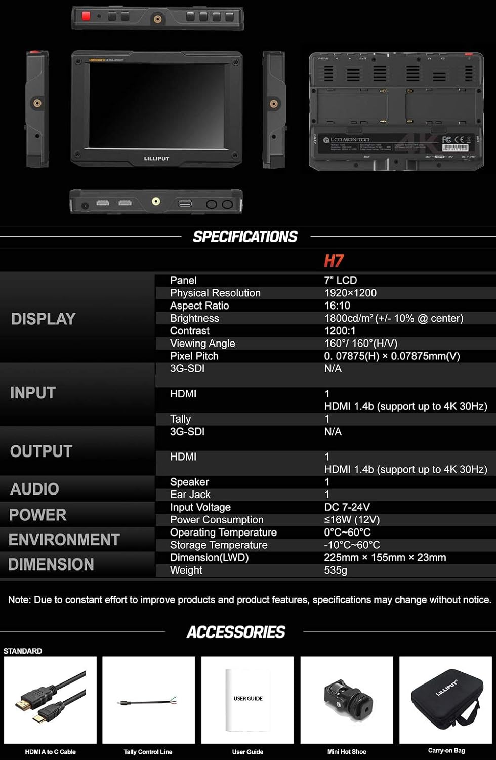 4K 7 Field Monitor 1800nit HDMI IPS HDR On-Camera Monitor K16944