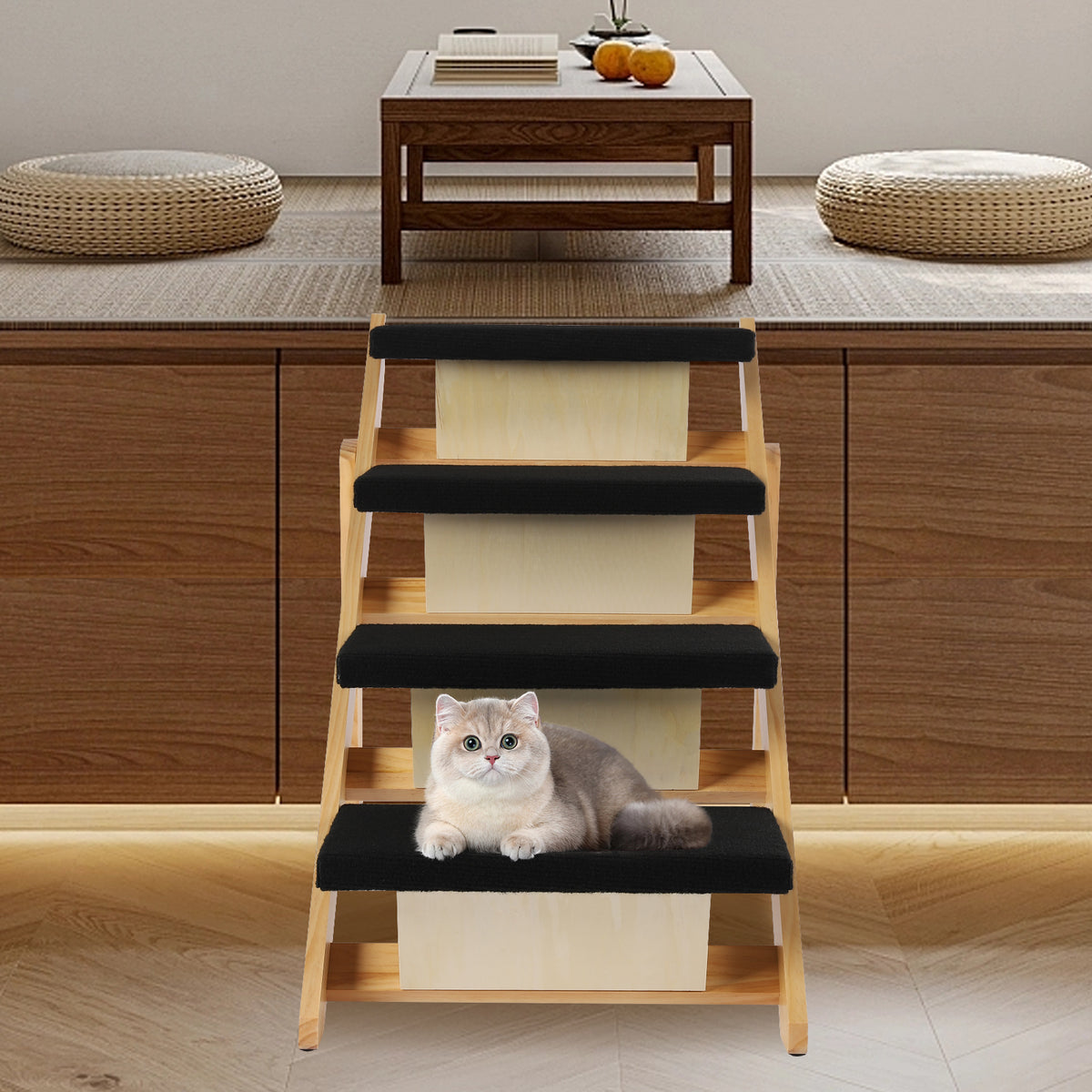 Pet Stairs Foldable Pine Wood Natural Black C967