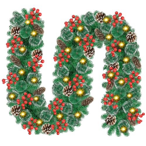 9Ft Pre-lit Christmas Garland with LED Lights Battery Operated, Decorated with Red Flower, Balls, Berries, Snowy Pine X710