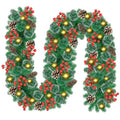 9Ft Pre-lit Christmas Garland with LED Lights Battery Operated, Decorated with Red Flower, Balls, Berries, Snowy Pine X710
