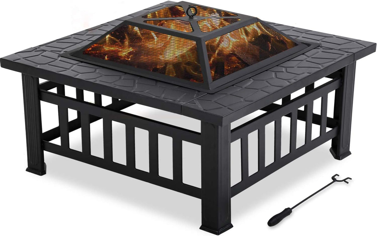 32'' Black Metal Square Wood Burning Fire Pit D746