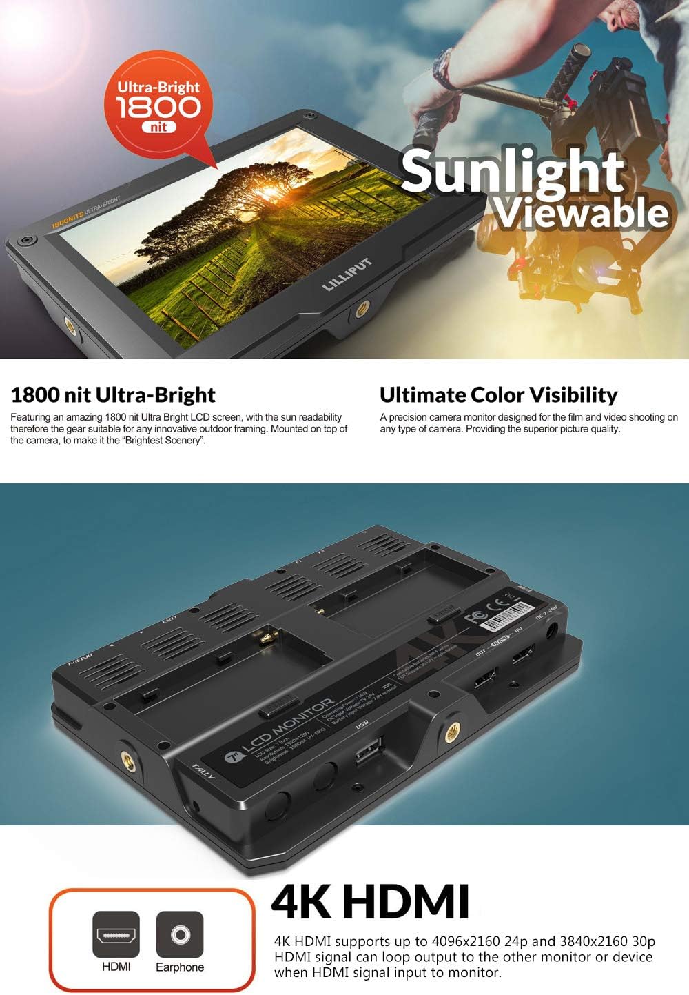 4K 7 Field Monitor 1800nit HDMI IPS HDR On-Camera Monitor K16944