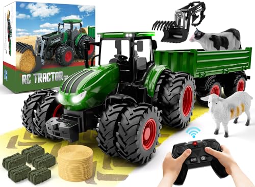 Remote Control Tractor Toy, Kids RC Tractor Set, Truck and Trailer Front Loader, Metal Car Head, 8 Wheel, Light Q938474