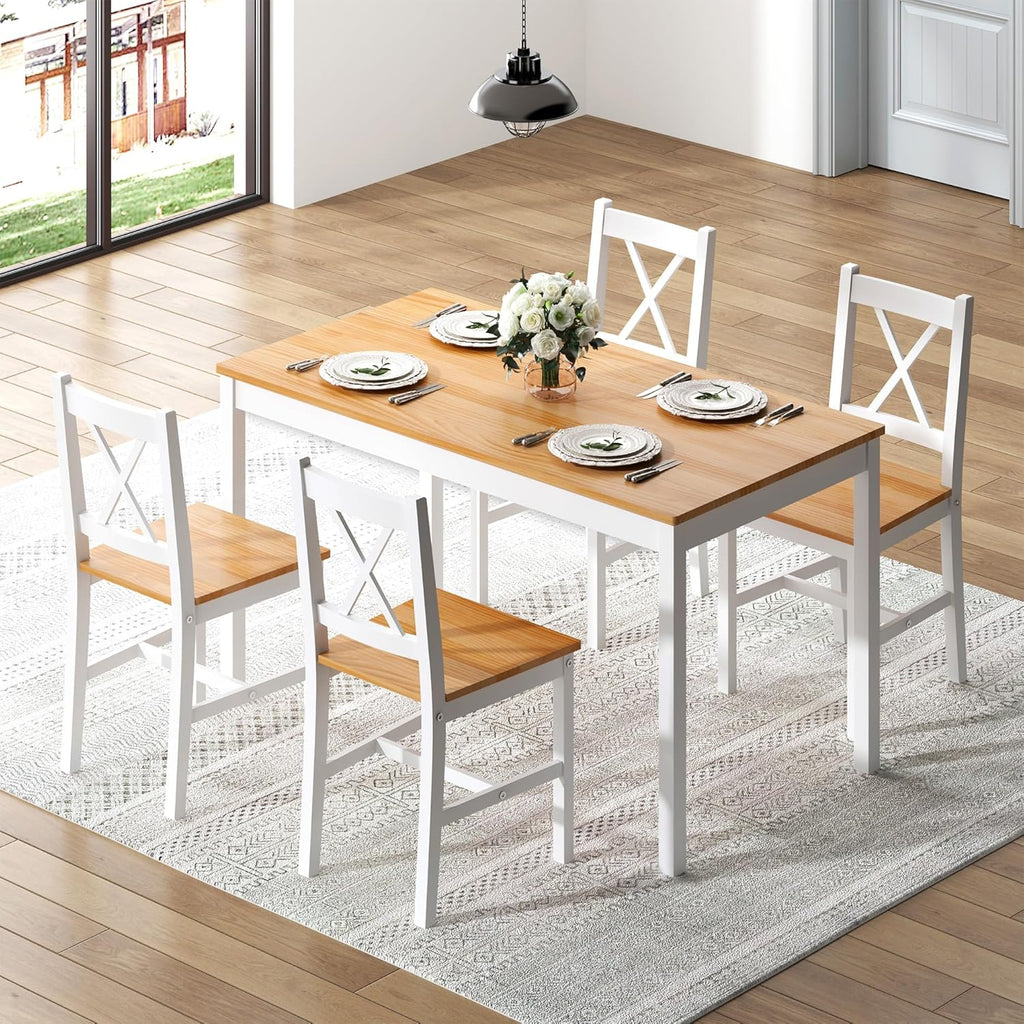 5 Piece Pine Wood Dining Table Set with 4 Chairs T457