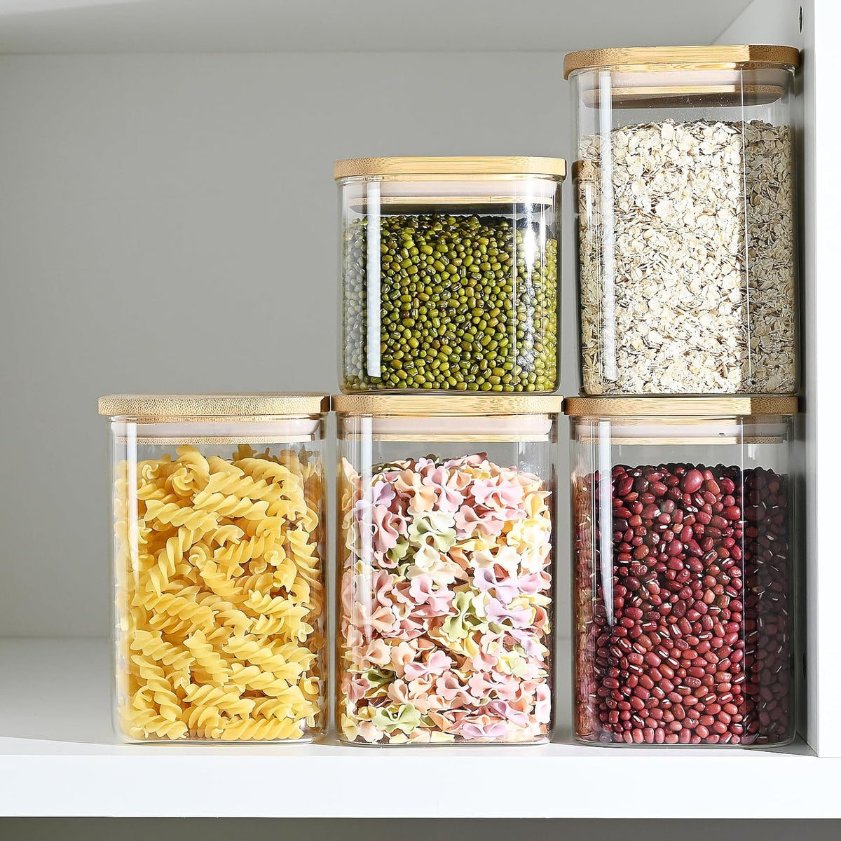 40oz Glass Food Storage Jars with Bamboo Lids, Clear Square Airtight Container Sets, Stackable Canisters (Set of 4) G485973