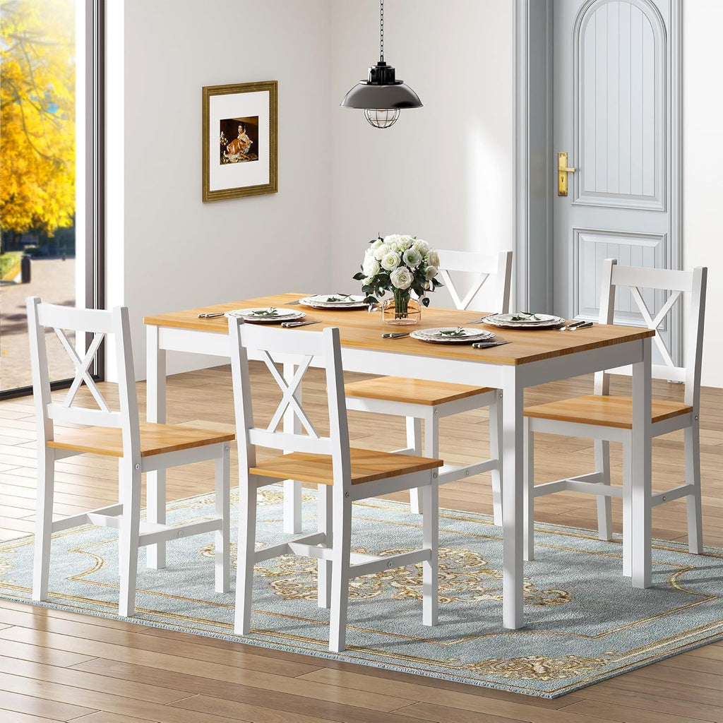 5 Piece Pine Wood Dining Table Set with 4 Chairs T457