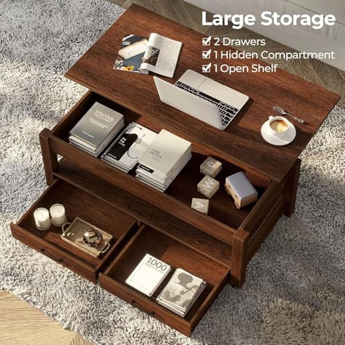 Lift Top Coffee Table with Drawers and Hidden Compartment T987