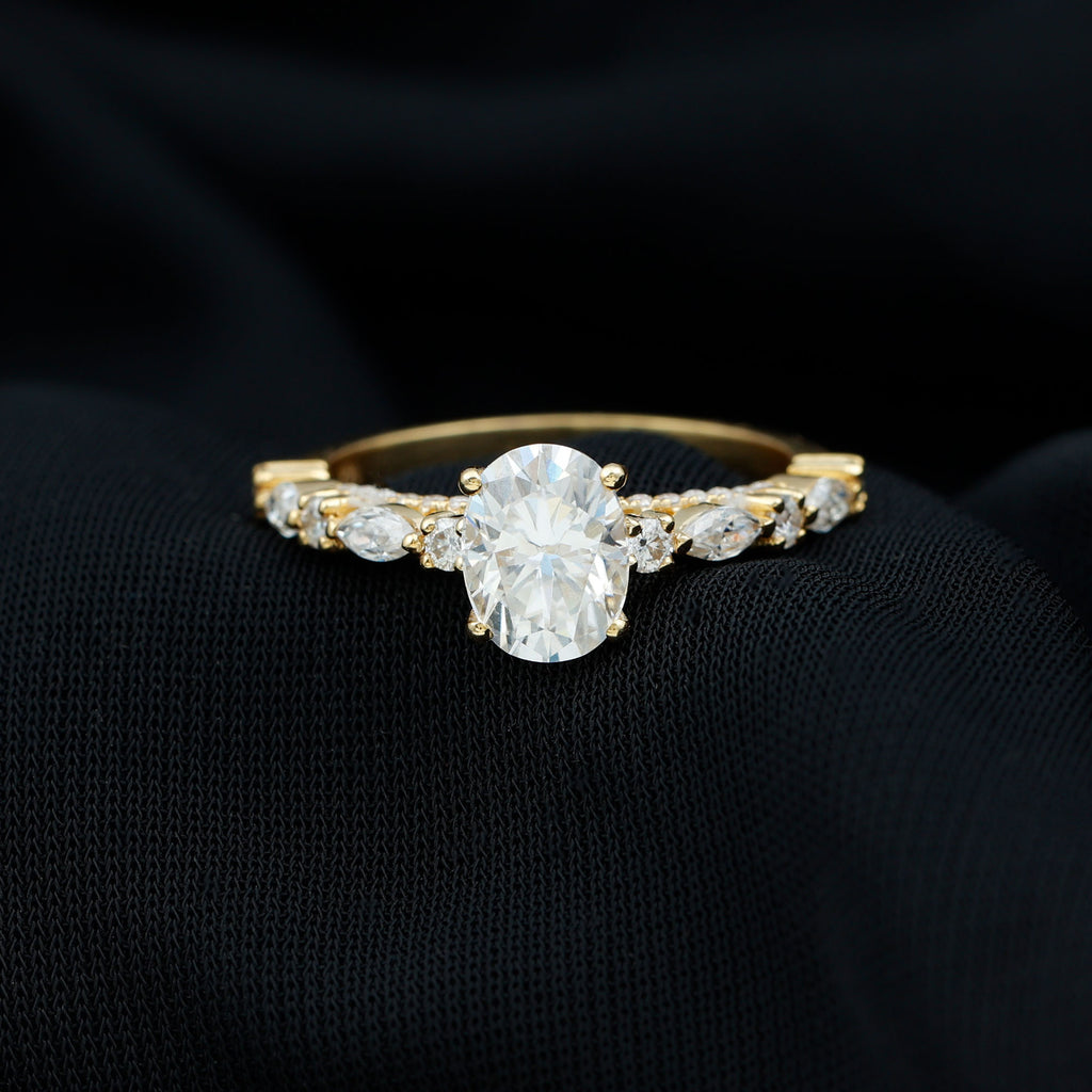 14K Yellow Gold Oval Moissanite Engagement Ring with Side Stones I74529