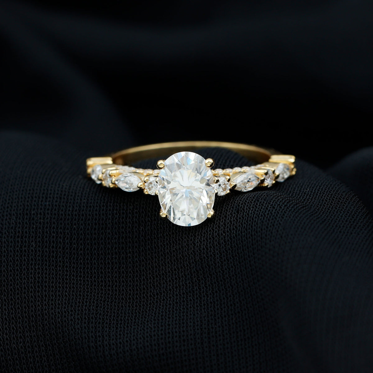 14K Yellow Gold Oval Moissanite Engagement Ring with Side Stones I74529