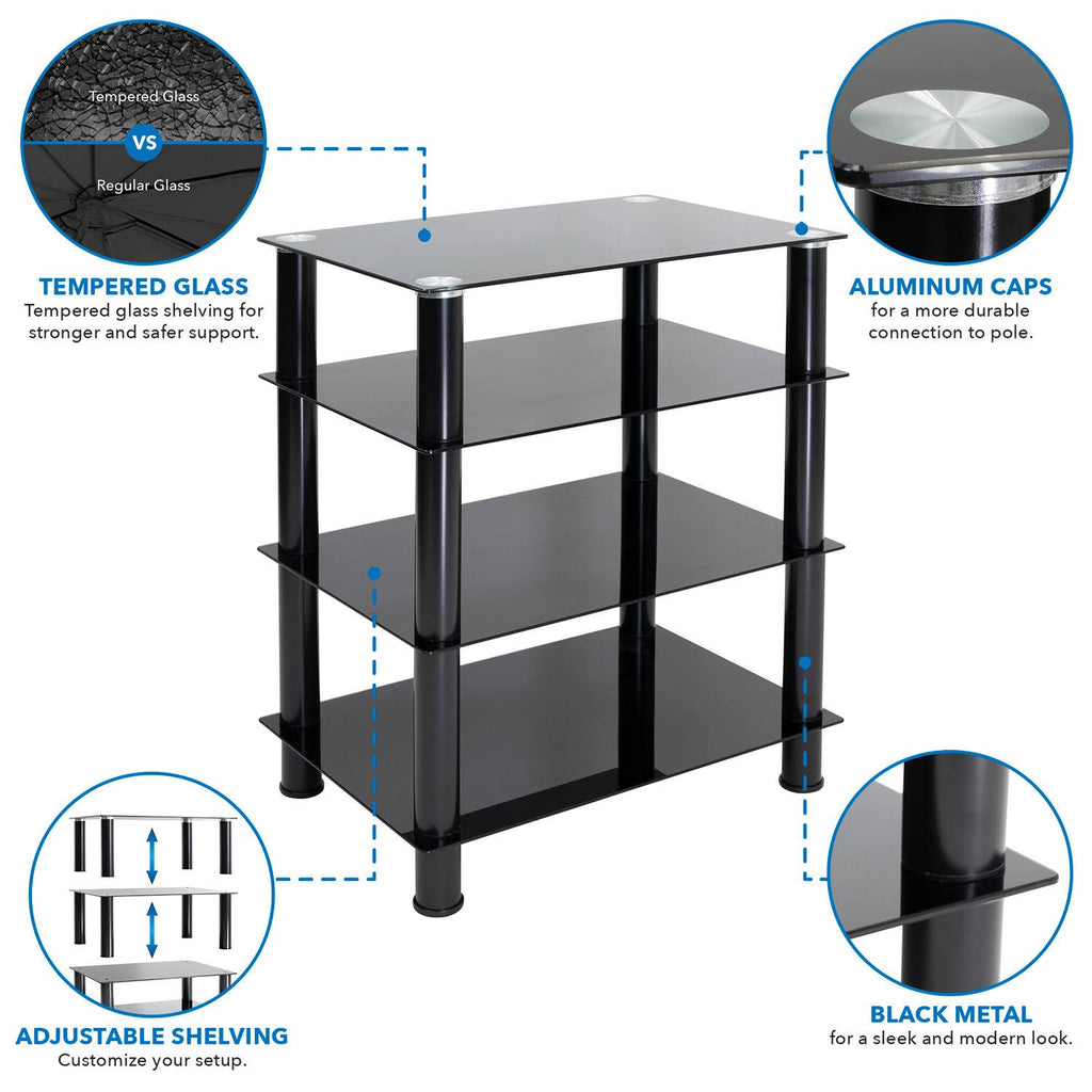 Tempered Glass 4-Tier Media Stand, Black O42921