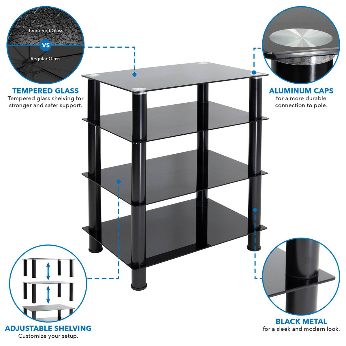 Tempered Glass 4-Tier Media Stand, Black O42921