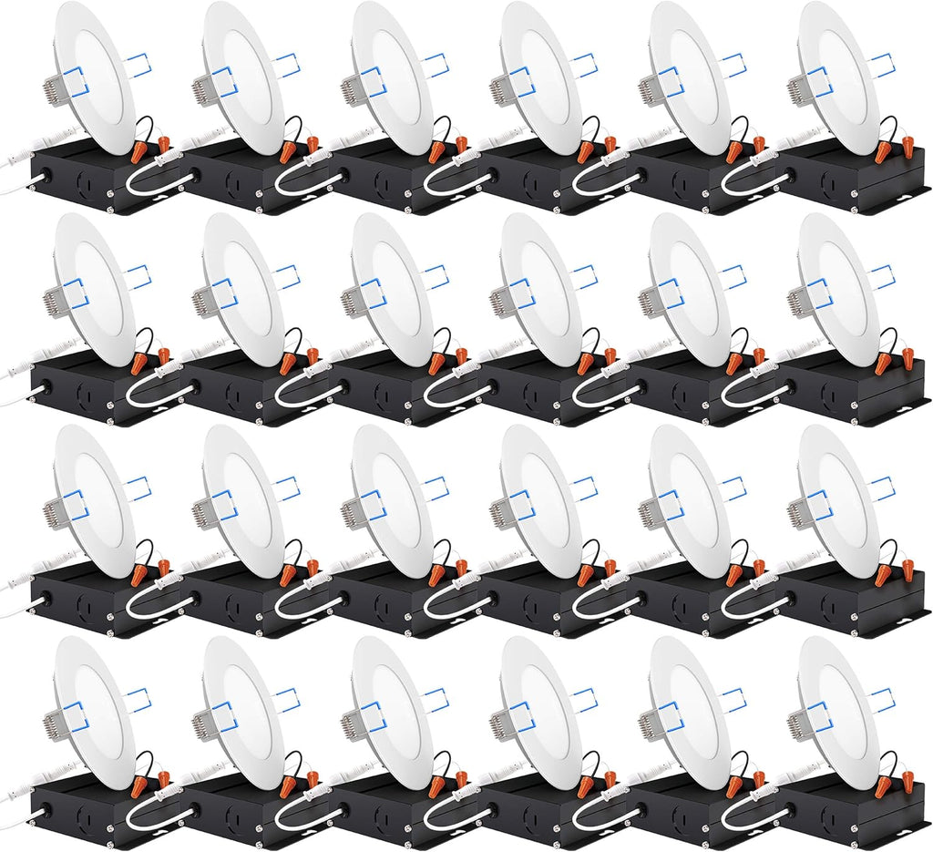 24 Pack 4 Inch Ultra Thin LED Recessed Ceiling Lights, 3000K Warm White, Dimmable 10W, 650 LM, Smooth Trim Damp Rated D700