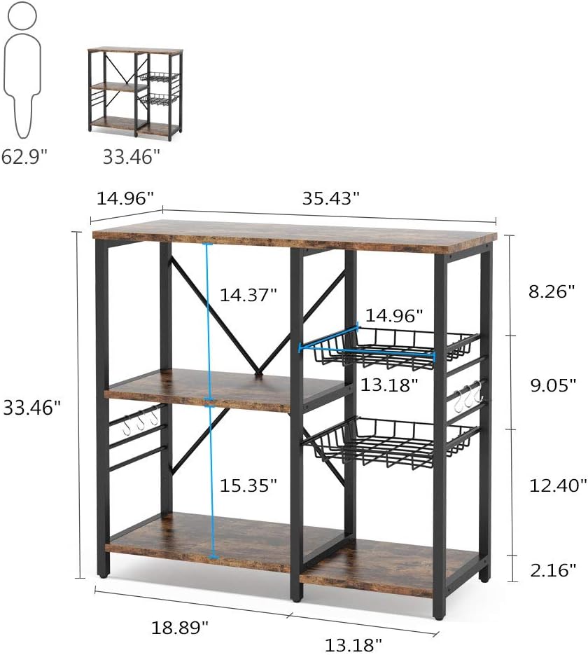 Kitchen Cart Microwave Oven Stand Utility Storage Shelf with Wire Basket and 6 Hooks Z25709