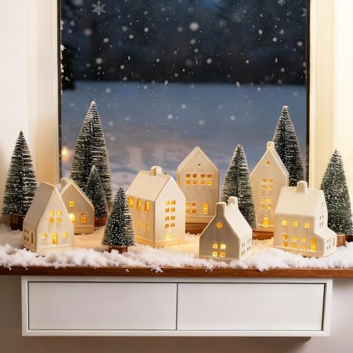 White Ceramic Christmas Village Set with LED Tea Lights and Mini Trees T730