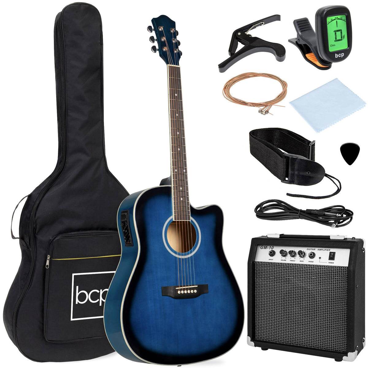 41in Full Size Acoustic Electric Cutaway Guitar Set with Amp, Capo, E-Tuner, Case Q314341