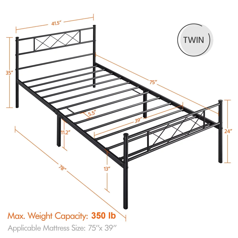 Black Twin Metal Slatted Bed Frame with Headboard Footboard C6289