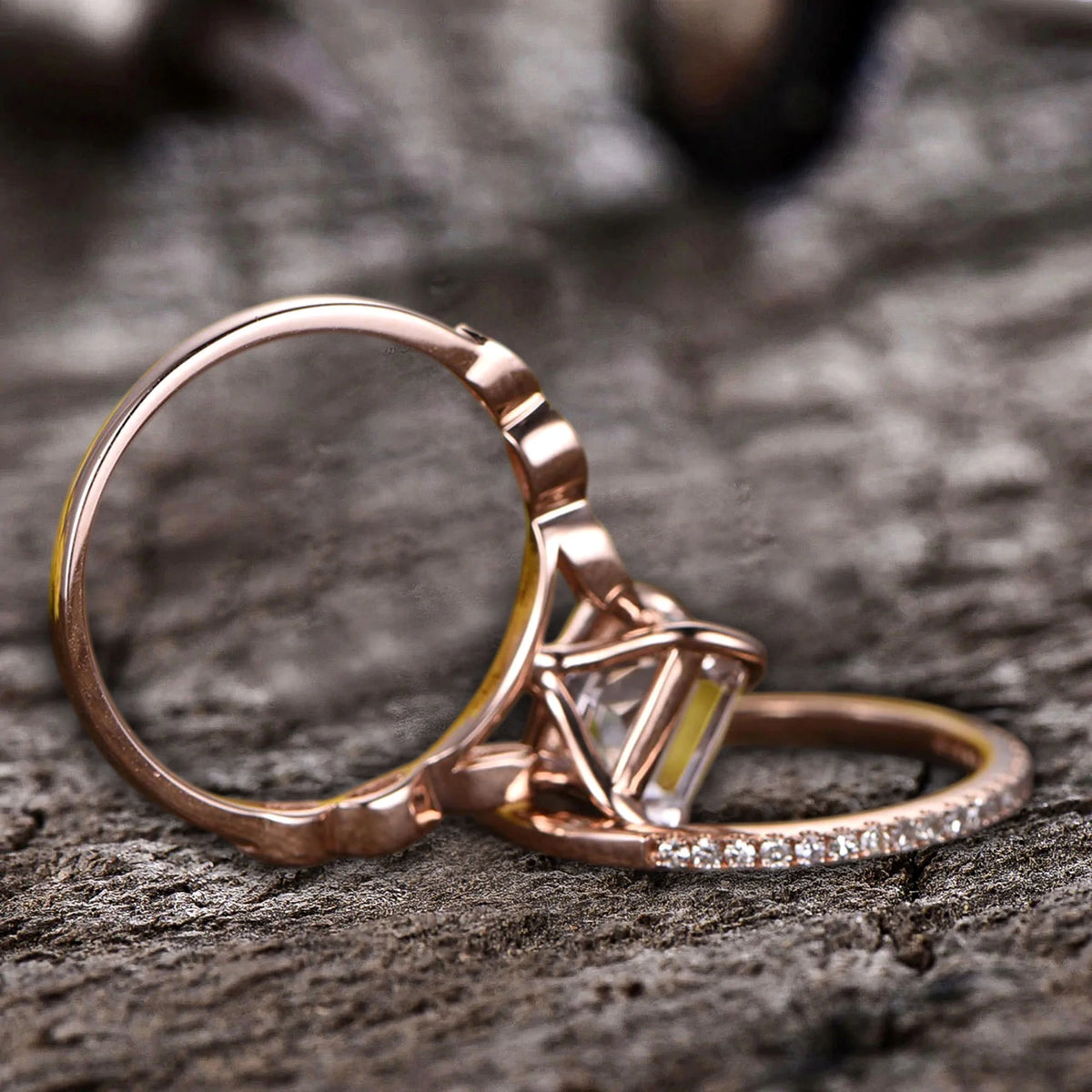 10k Rose Gold Morganite Diamond Moissanite Wedding Set S659