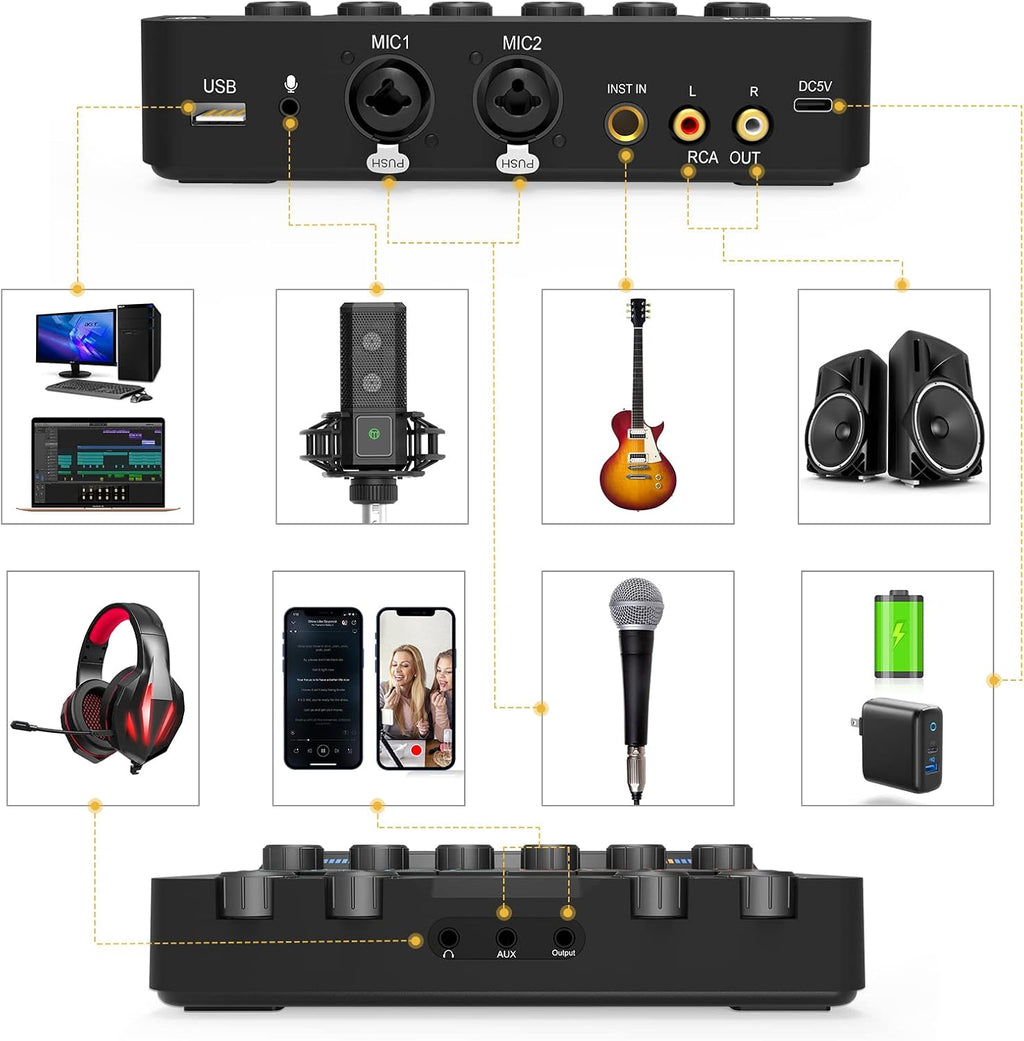 Audio Interface with DJ Mixer and Live Sound Card Kit, Podcast Equipment Bundle Sound Board with XLR Microphone, USB/Bluetooth, Pack of 2 I3434