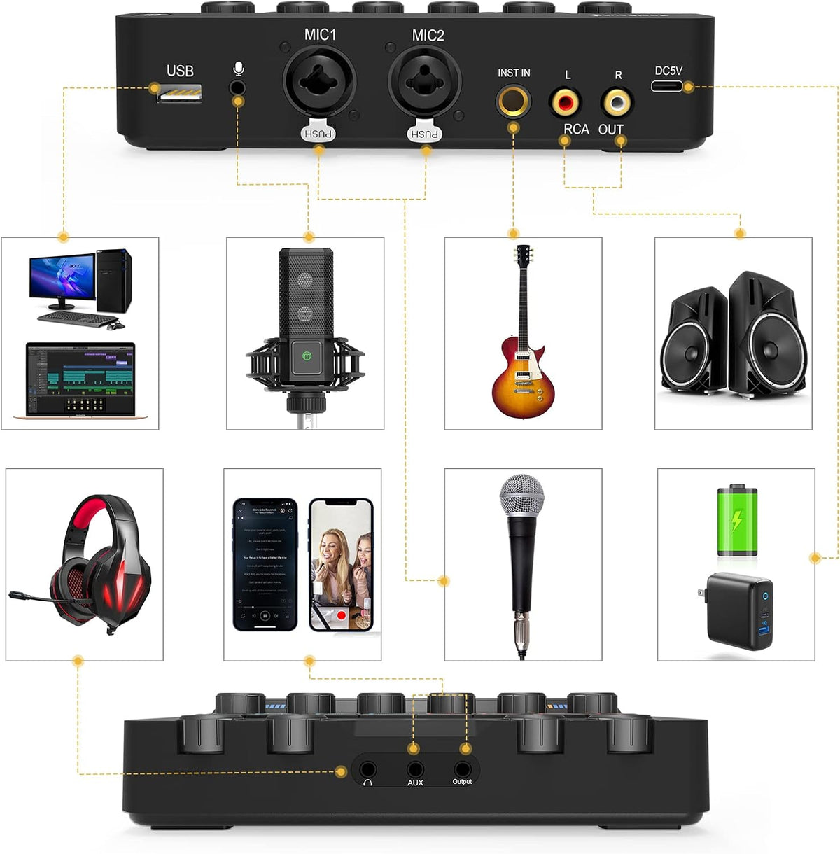 Audio Interface with DJ Mixer and Live Sound Card Kit, Podcast Equipment Bundle Sound Board with XLR Microphone, USB/Bluetooth, Pack of 2 I3434