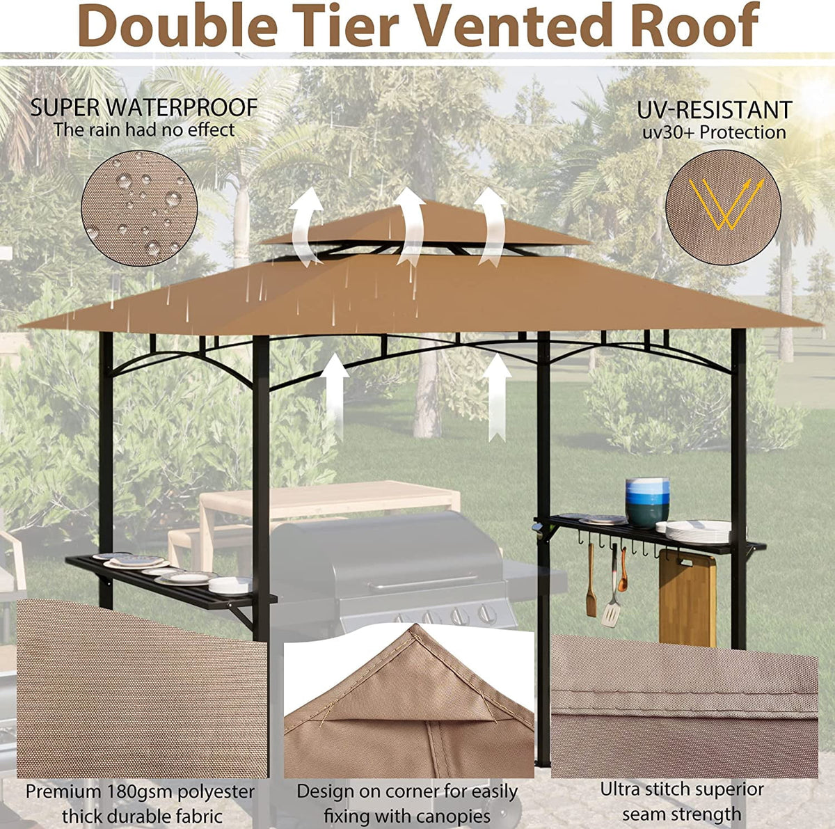 Khaki 8 x 5 FT Grill Canopy with Air Vent Z73318