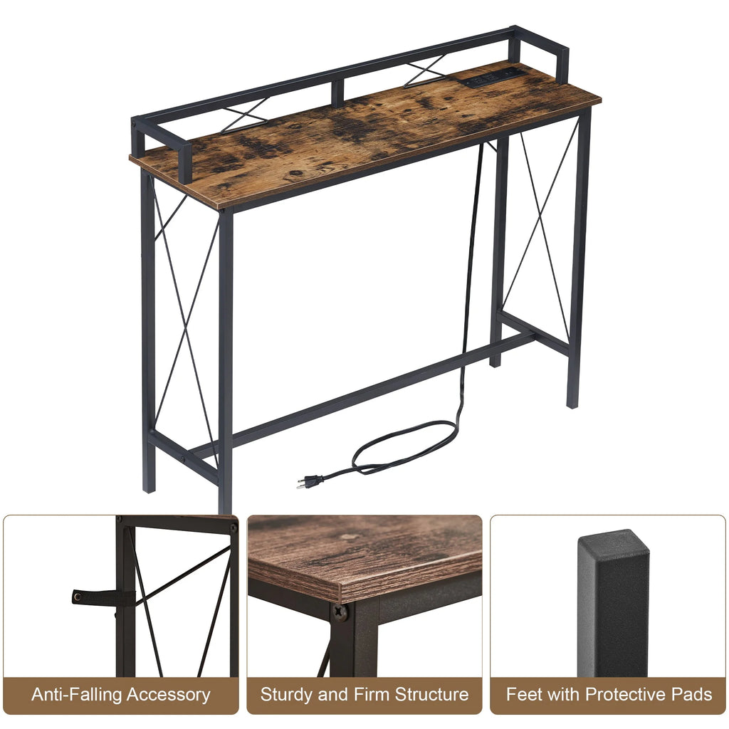 39.4" Console Table with 2 Outlet and 2 USB Ports, Industrial Style Sofa Table, Brown R5120