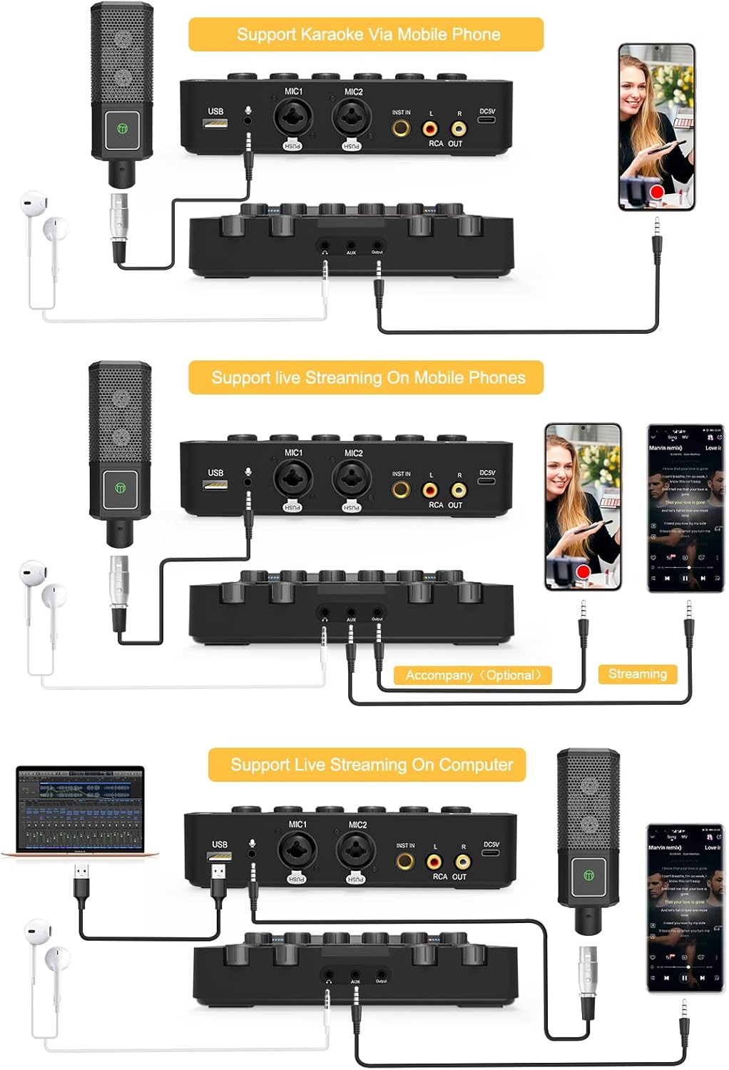 Audio Interface with DJ Mixer and Live Sound Card Kit, Podcast Equipment Bundle Sound Board with XLR Microphone, USB/Bluetooth, Pack of 2 I3434